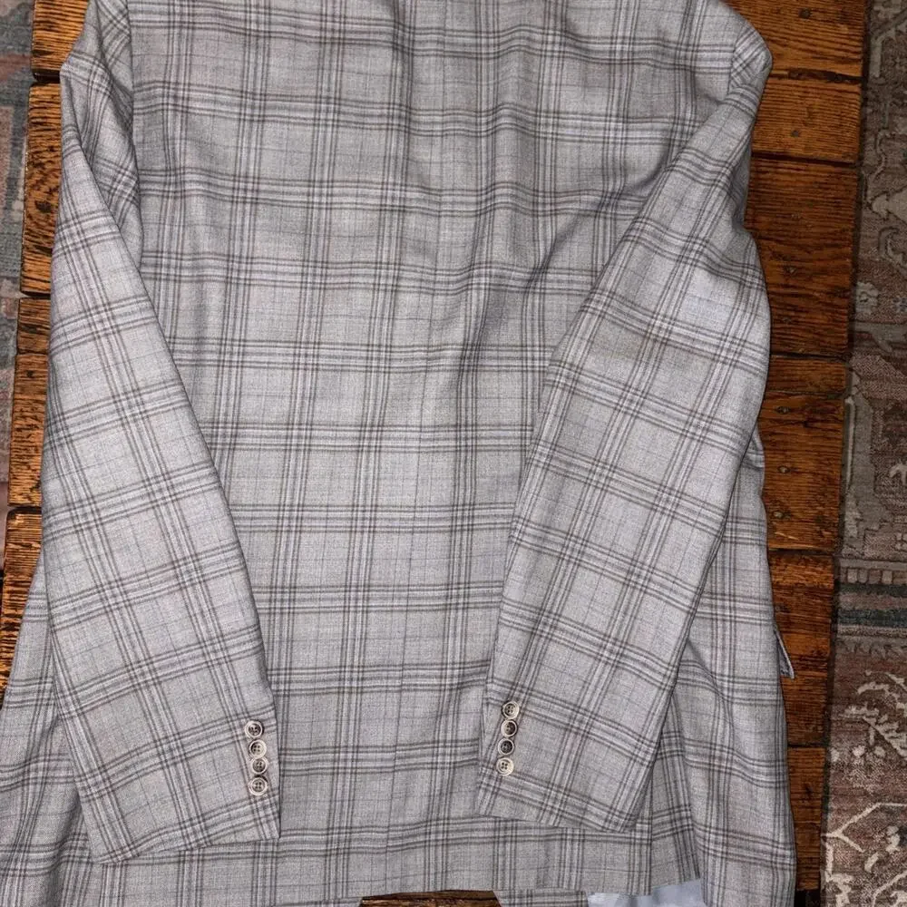 Hart Schaffner Marx Suit Mens 46L Grey Blue Glen Plaid Dillards USA Made NY Fit